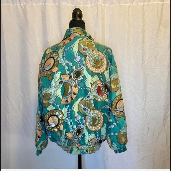 Coaco Vintage‎ 80s 90s Baroque Print Windbreaker Jacket Teal Gold Chain Zip Up - Picture 2 of 4